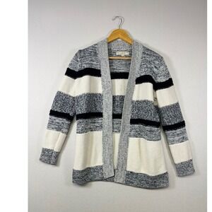 Coastal Grandma Loft Striped Open Front Cardigan Women Medium Chunky Knit Cotton